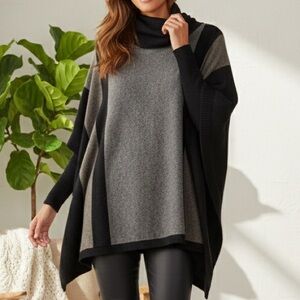 Wool Yak Blend Tahari Gray Black Colorblock Poncho Sweater Size M Medium